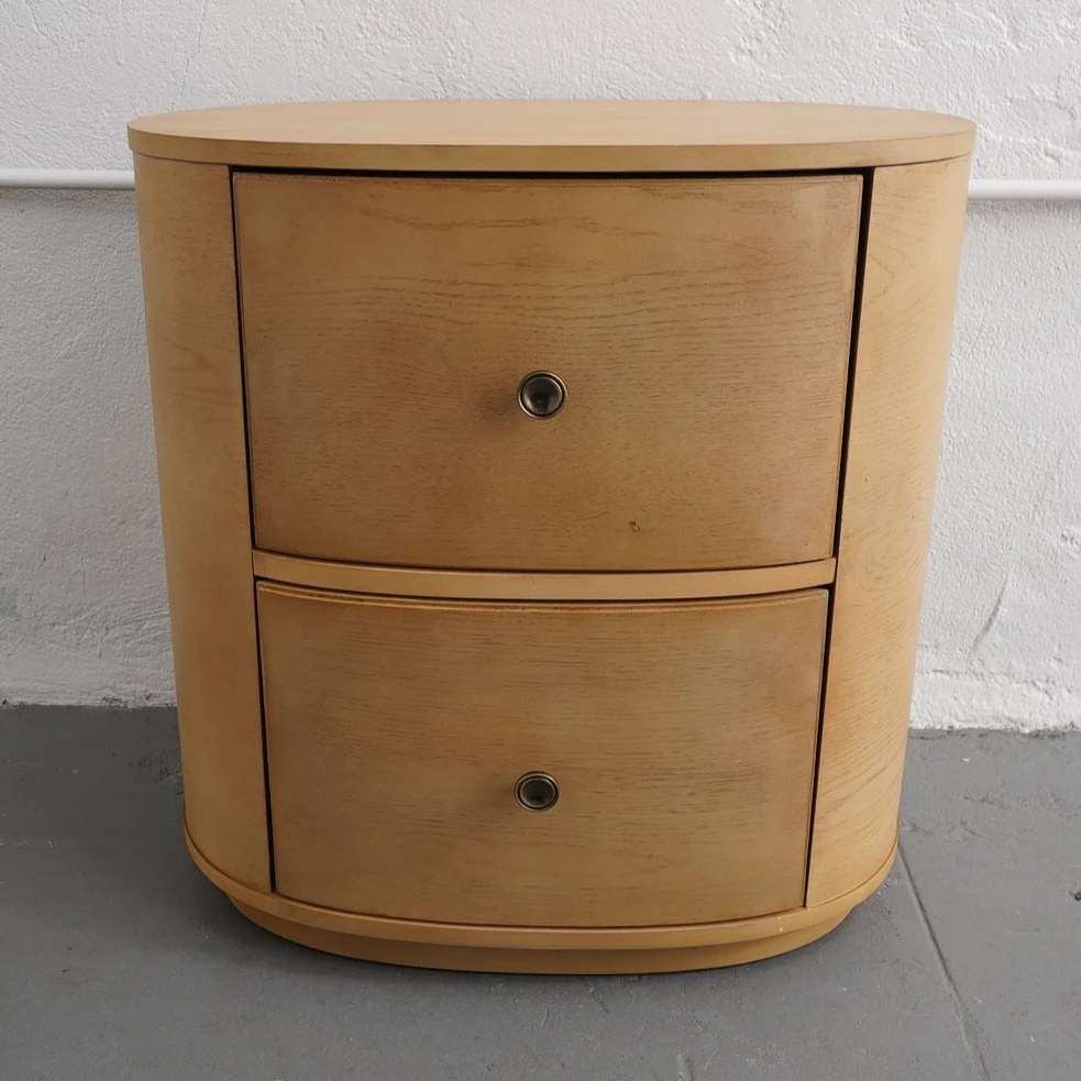 ROUND WOOD NIGHTSTAND, $60, H24" X W24" X D16", 2 TOTAL