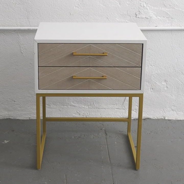 WHITE & BRASS MODERN NIGHTSTAND, $35, H23.5" X W18" X D12", 2 TOTAL