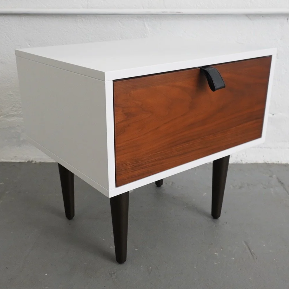 MCM WHITE & WALNUT NIGHTSTAND, $75, H19" X W19" X D16", 2 TOTAL