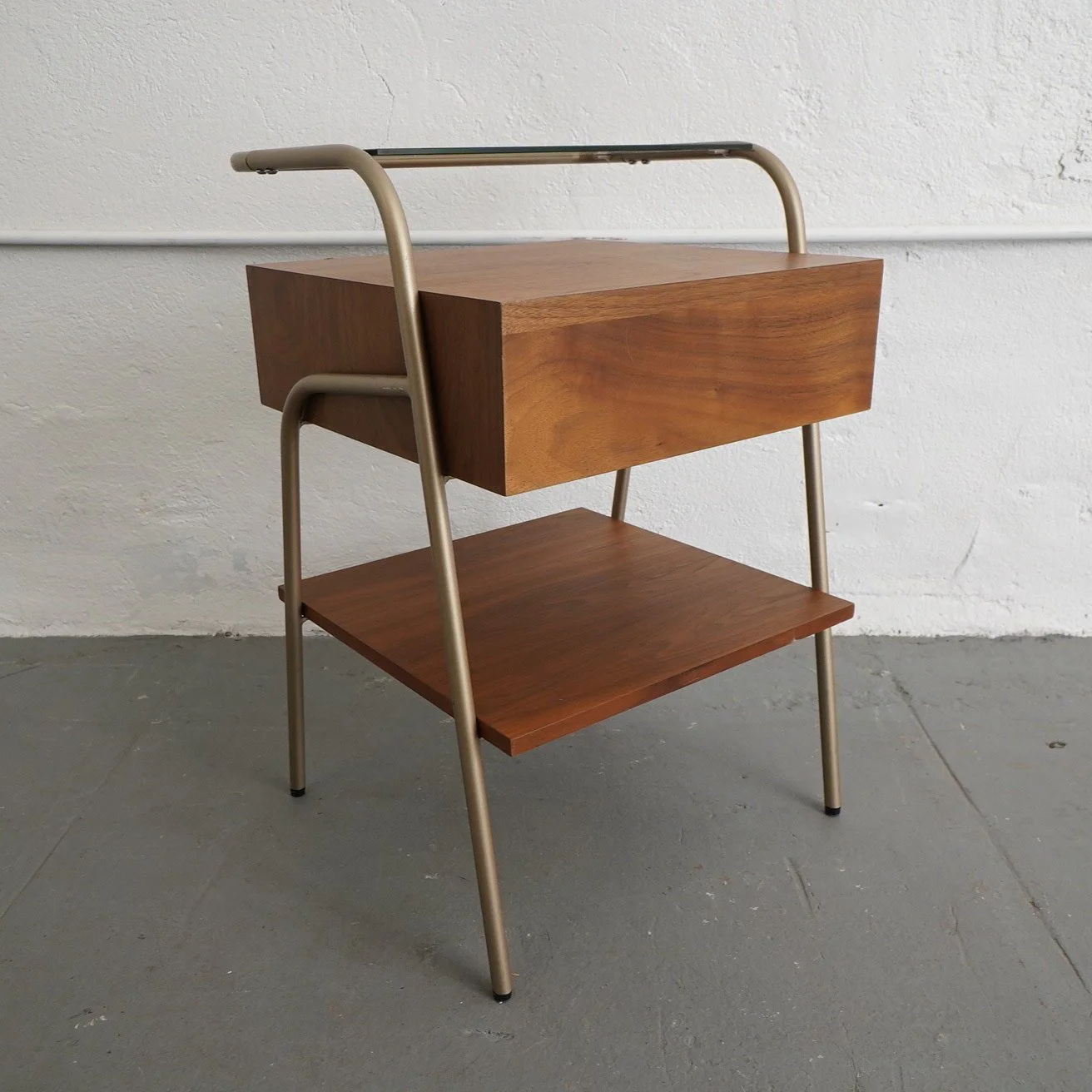 TEAK & GLASS NIGHTSTAND, $125, H26" X W17" X D16", 2 TOTAL