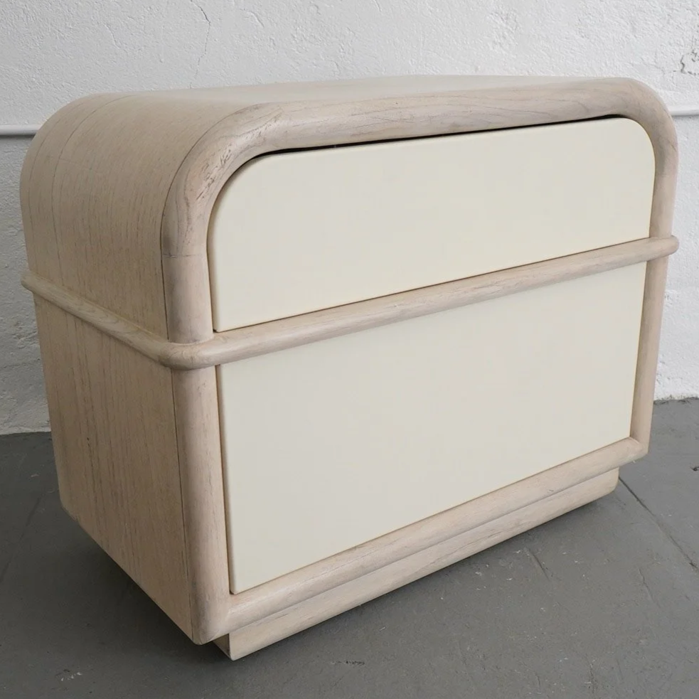 BLONDE CURVED WOOD NIGHTSTAND, $150, H24" X W31" X D16", 2 TOTAL