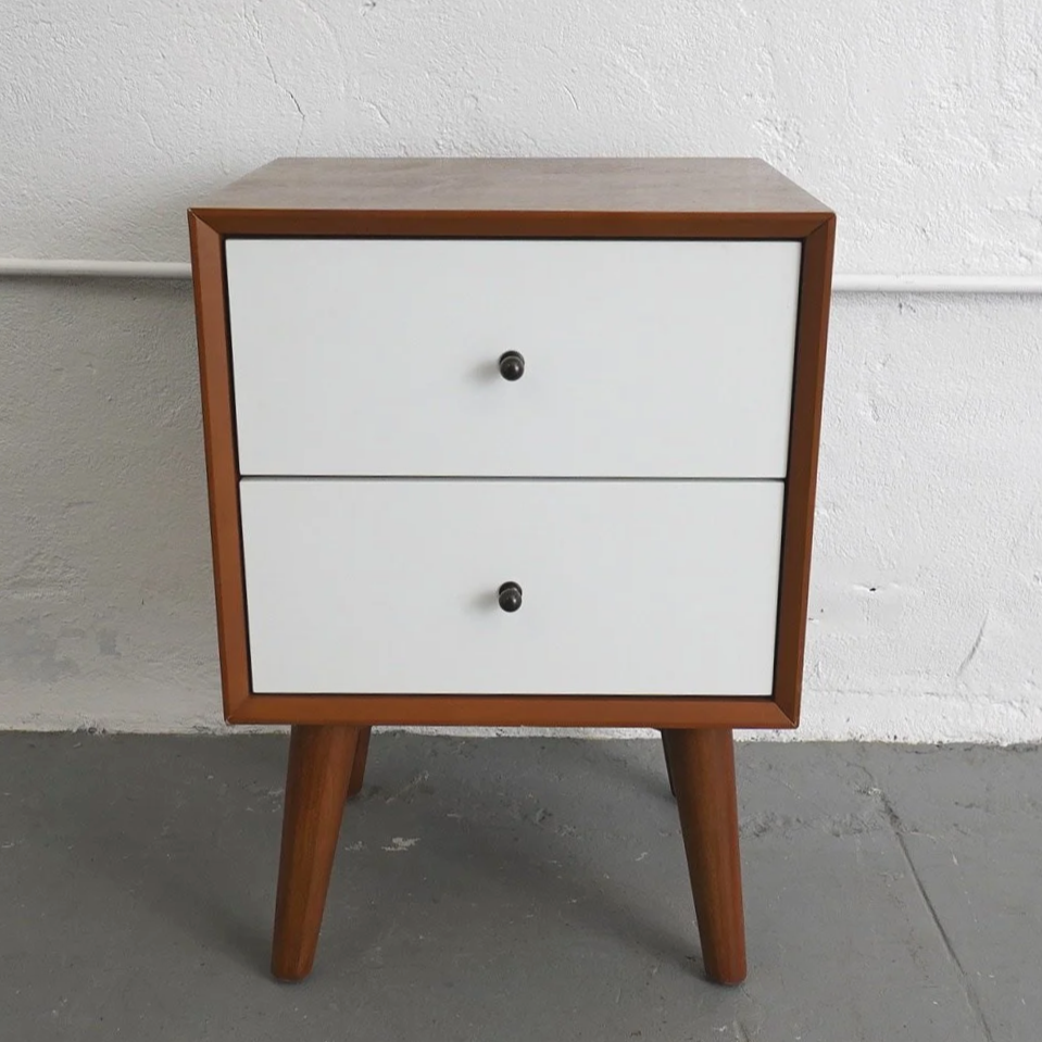 MCM WHITE & WOOD NIGHTSTAND, $85, H26" X W18" X D15", 2 TOTAL