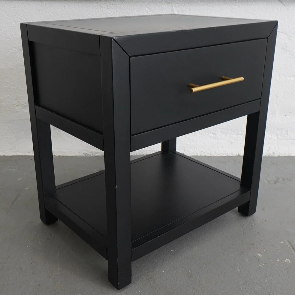 BLACK SINGLE DRAWER NIGHTSTAND, $60, H20" X W18" X D24", 2 TOTAL