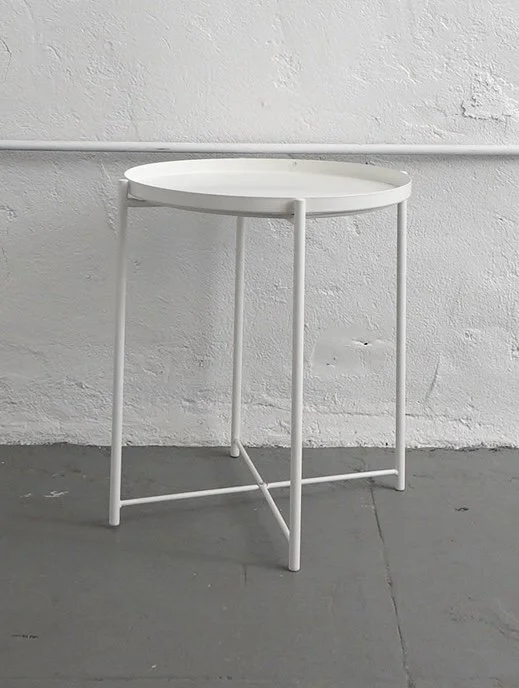 White Metal Tray Table, $25, H21" x W19" x D19", Single