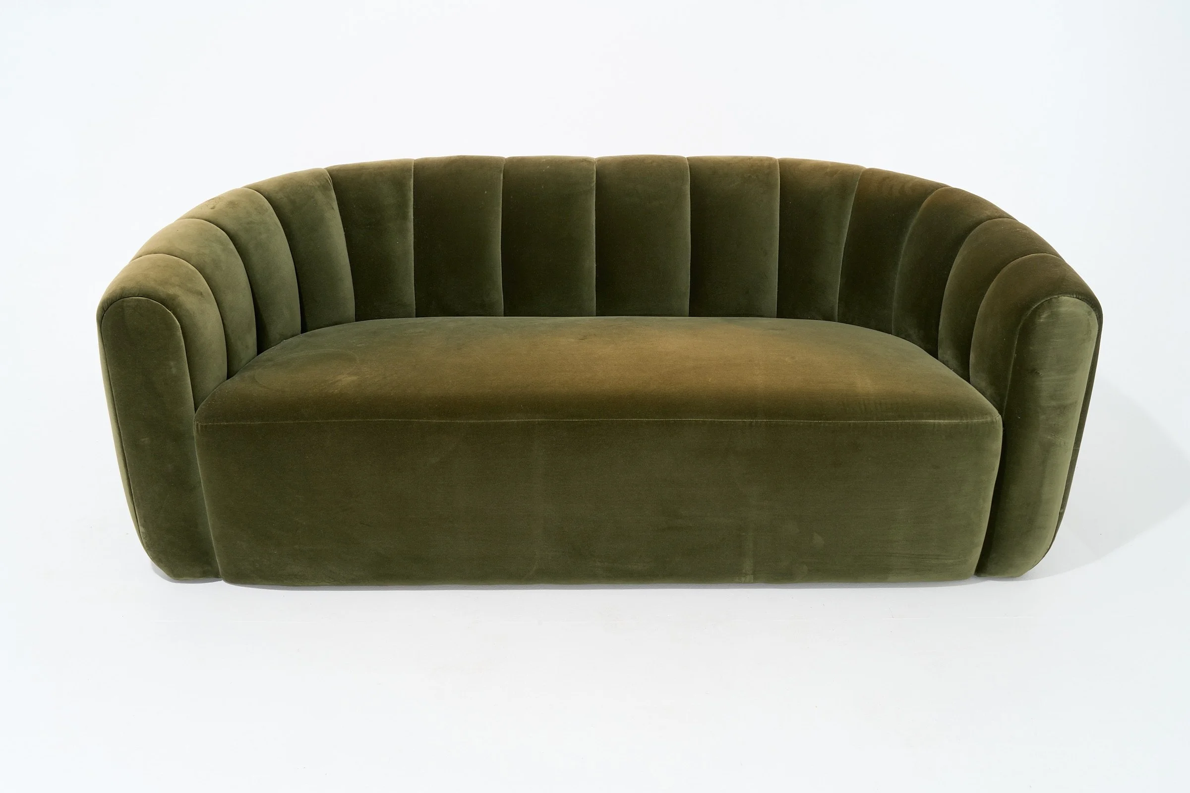 MOSS GREEN CHANNELED VELVET LOVESEAT, $400, H29" X W71" X D36", #03481, SINGLE