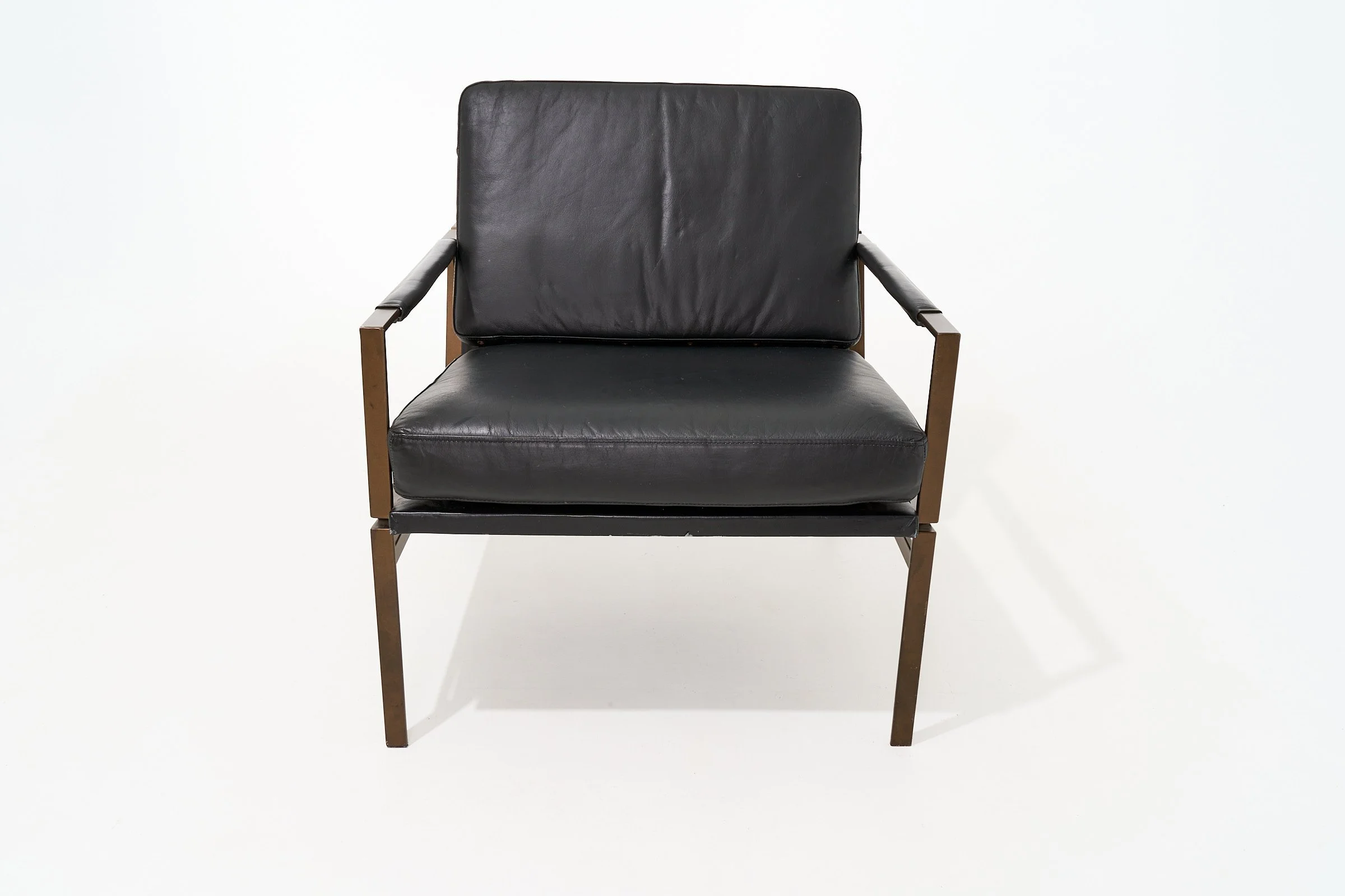 BLACK LEATHER & DARK BRONZE MODERN ACCENT CHAIR, $175, H34" X W29" X D29", #03248, SINGLE