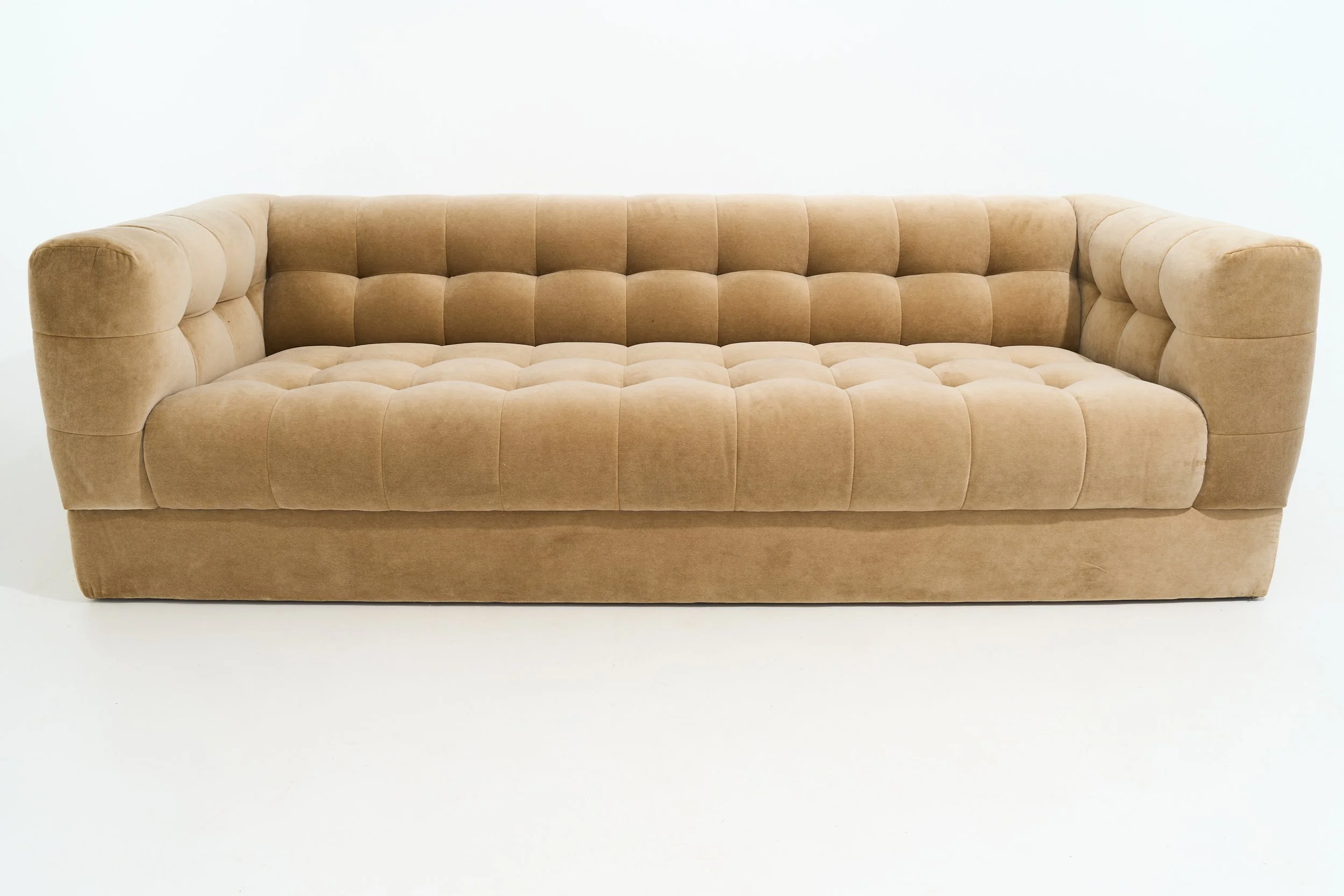 TAUPE VELVET PINCUSHION SOFA, $870, H28" X W94" X D37", #03443, SINGLE