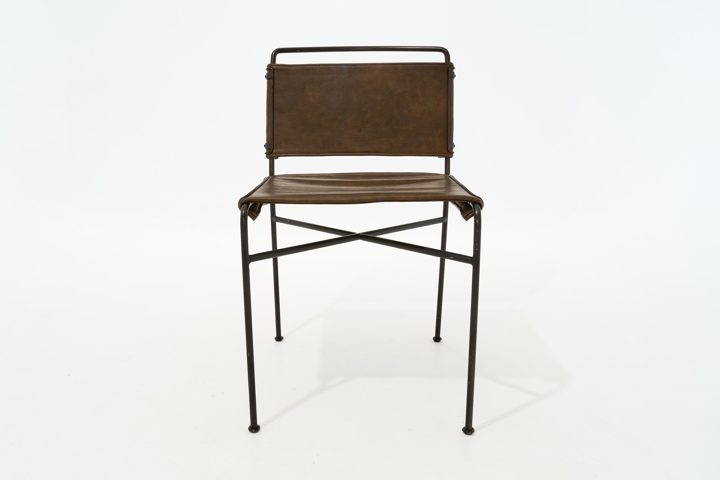 CHOCLATE LEATHER & BLACK METAL SLING CHAIR, $195. H34" X W20" X D19", #03466, SINGLE
