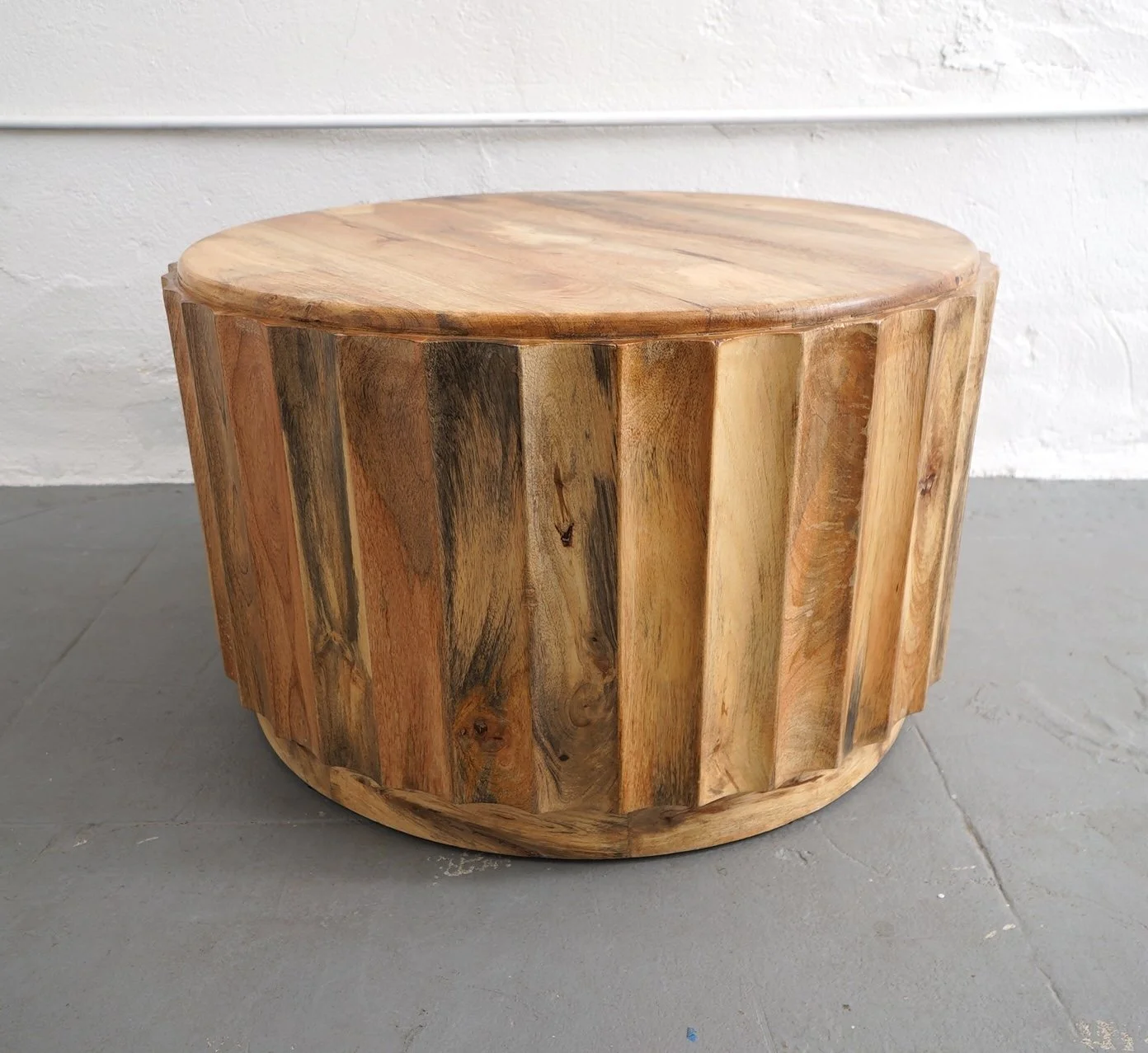 Fluted Driftwood Drum Table, $120, H18.5" x W31" x D31", Single