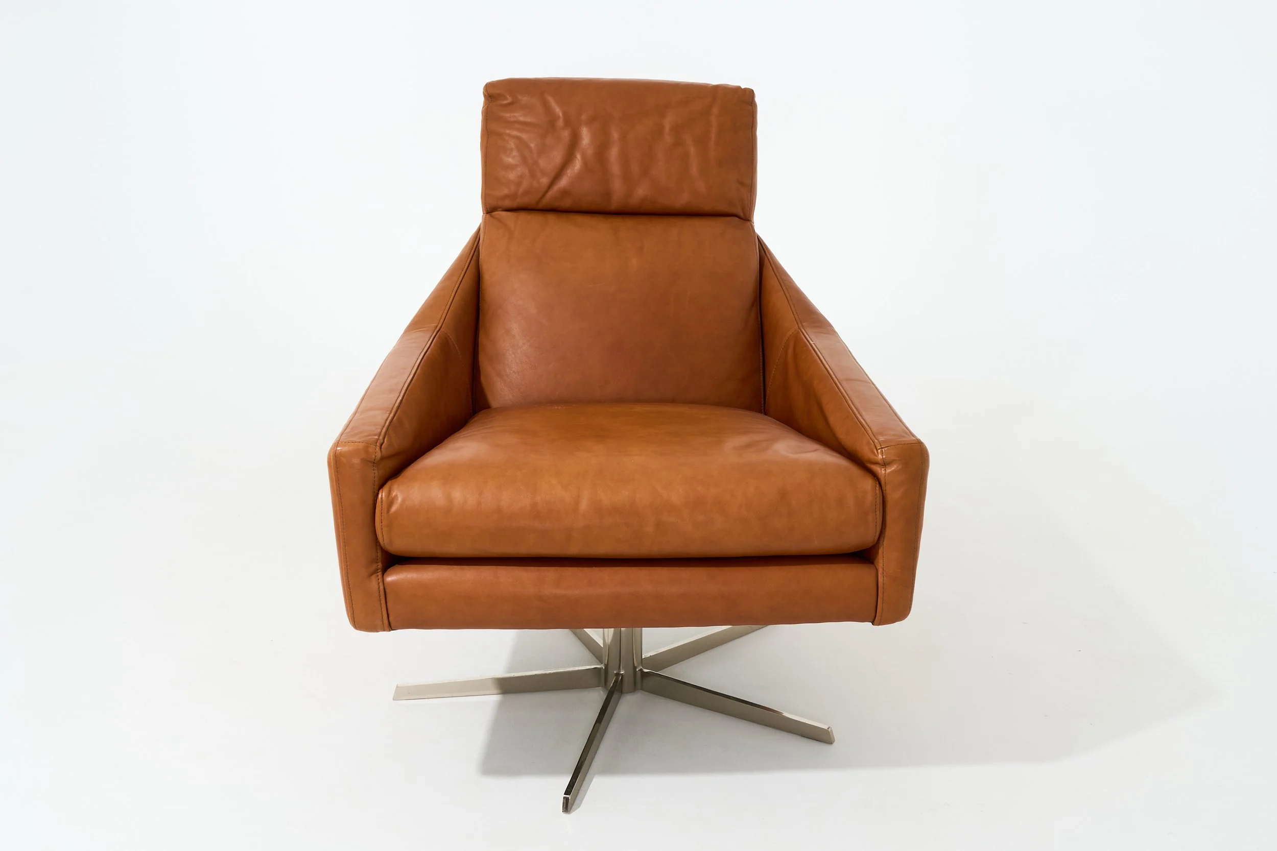 RETRO COGNAC LEATHER SWIVAL ACCENT CHAIR, $155, H35" X W29" D40", #04210 #04213, 2 TOTAL