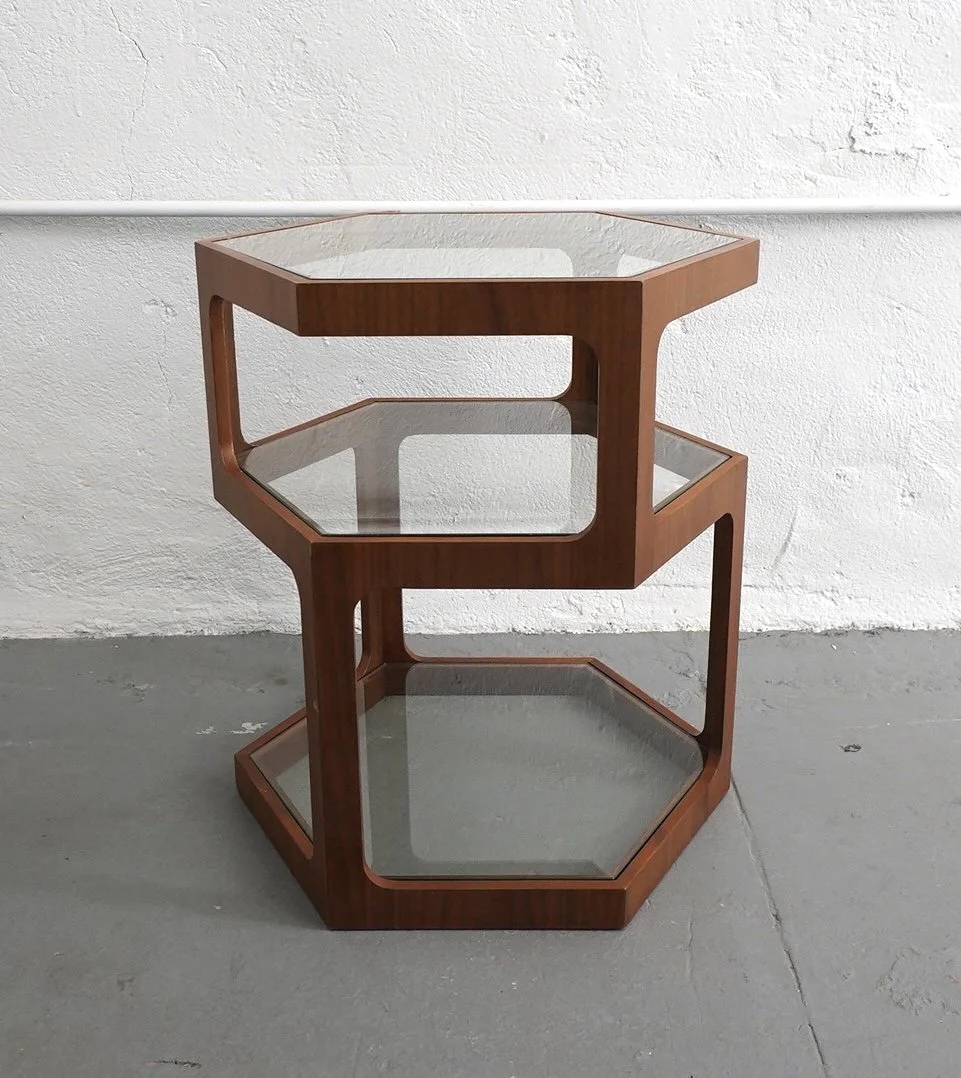 Glass & Walnut Hex Table, $130, H22" x W17" x D17", 2 Total
