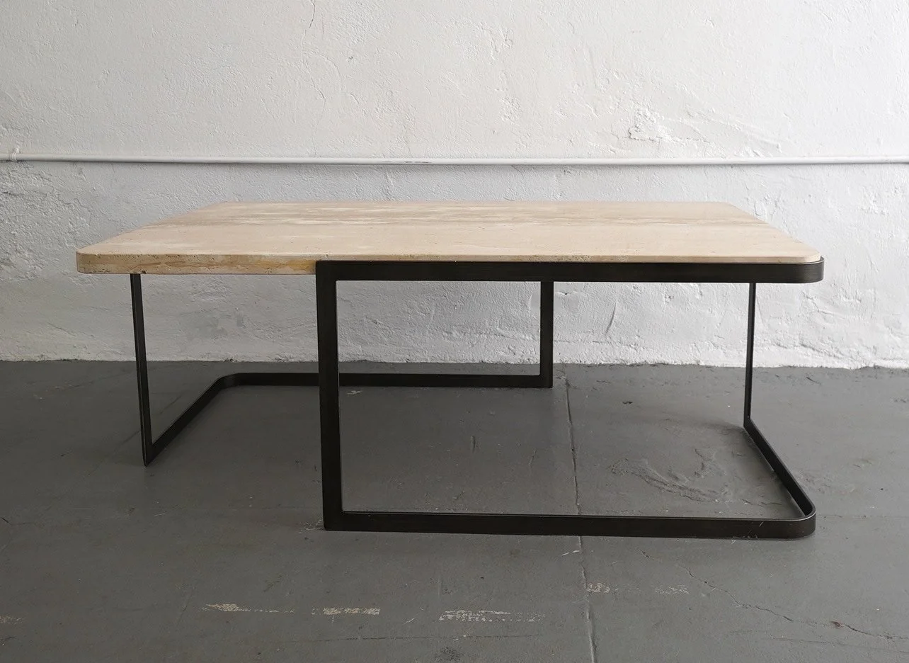 Travertine & Black Metal Coffee Table, $195, H18" x W47.5" x D28", Single