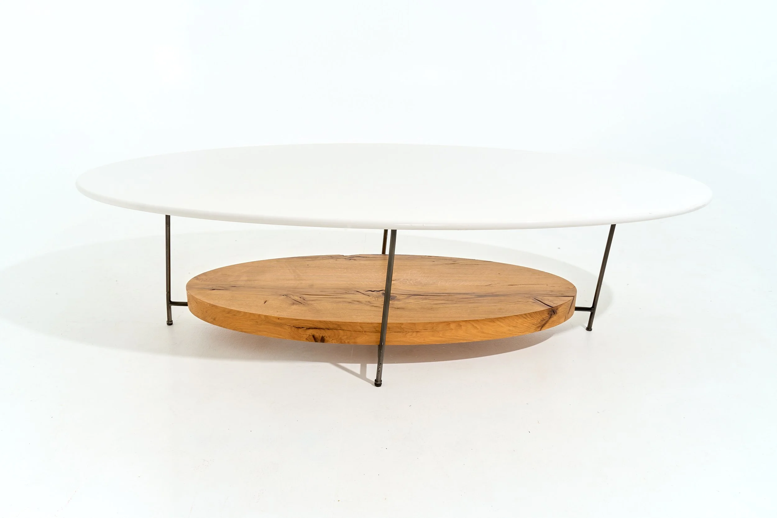 MCM WHITE & WOOD COFFEE TABLE, $75, H16" X W60" X D30", #01296, SINGLE