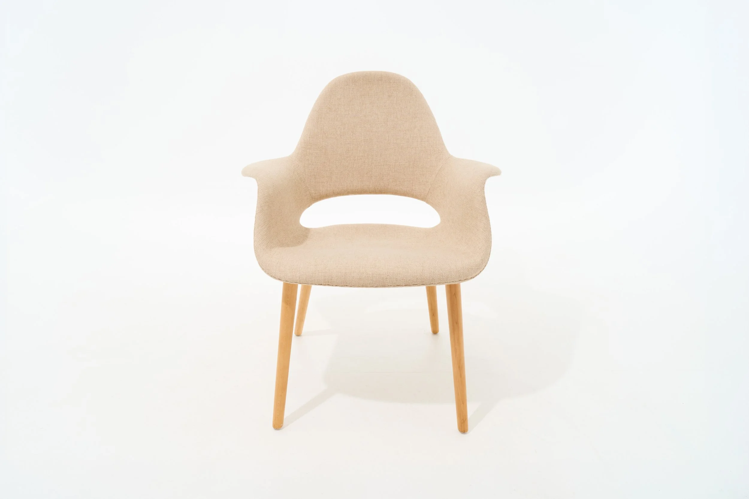 LIGHT BEIGE WOVEN COTTEN MODERN ARMCHAIR, $75, H33" X W28" X D24", #04209, SINGLE