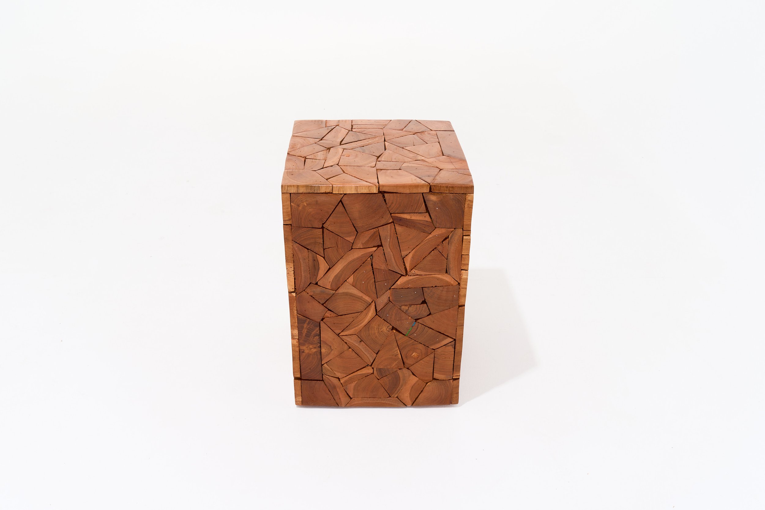 MODERN MOSSIAC NATURAL WOOD BLOCK STOOL, $35, H18" X W12" X D12", #01314, SINGLE