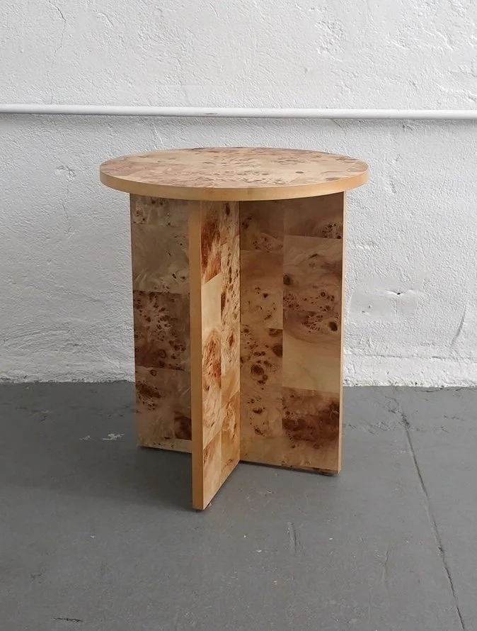 Burl Wood X Side Table, $40, H19" x W16" x D16", 2 Total