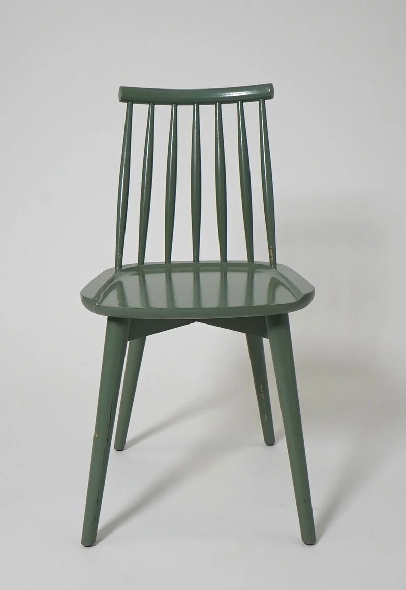 Green Spindle Back Chair, $75, H33" x W16" x D:18", 4 Total