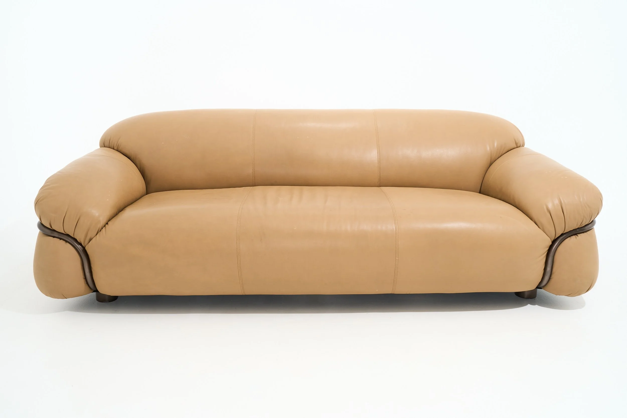 TAUPE ITALIAN LEATHER POST-MODERN SOFA, $750, H29" X W87" X D36", #01298, SINGLE
