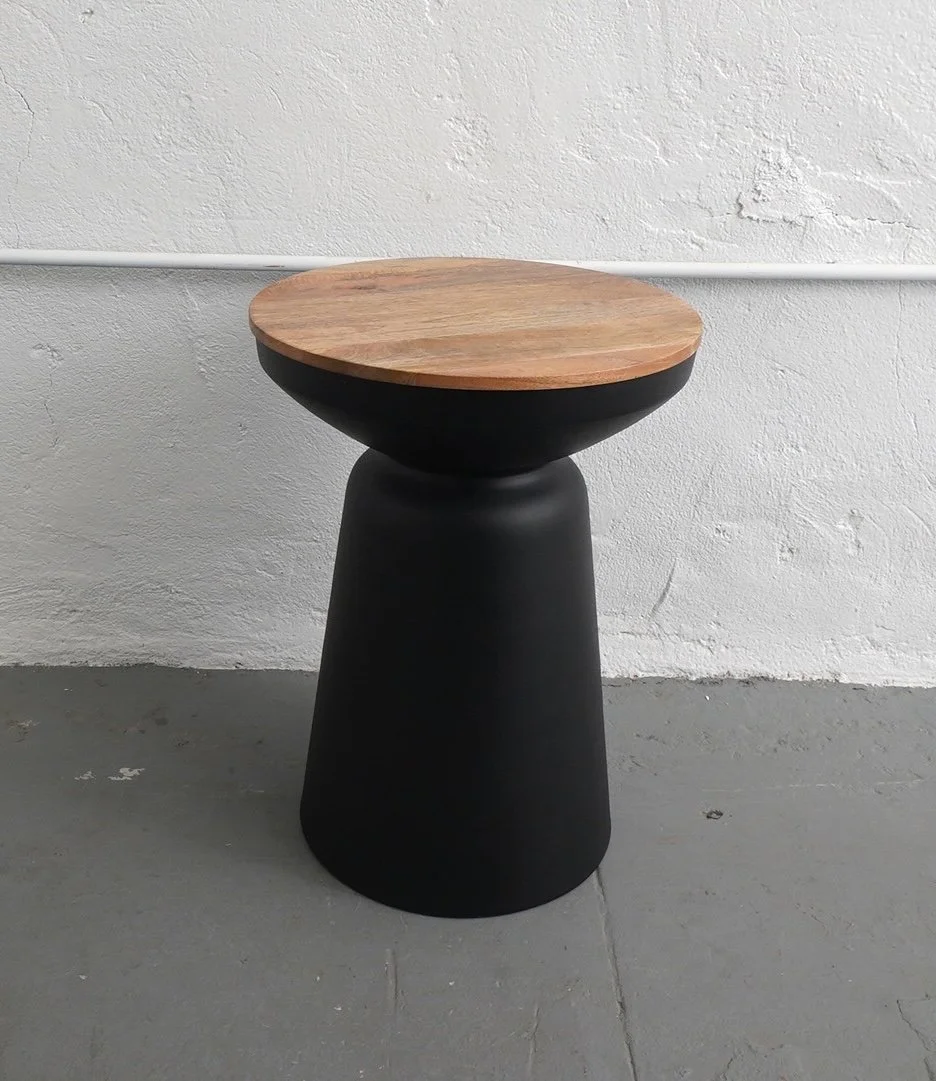 Wood & Black Metal Drum Table, $35, H22.5" x W16.5" x D16.5", Single