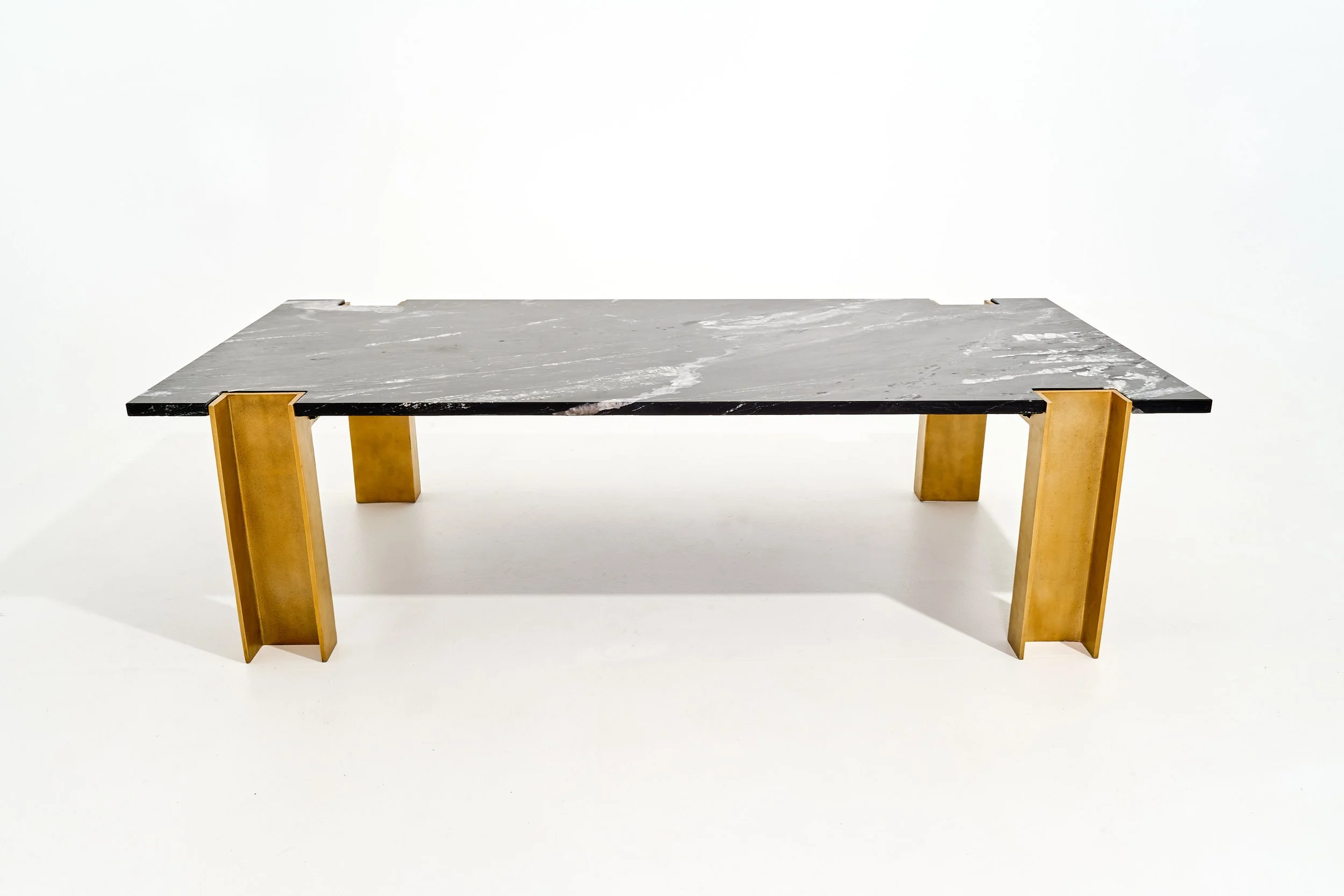 BLACK MARBLE & BRASS MODERNEST COFFEE TABLE, $225, H15" X W54" X D25", #04178, SINGLE