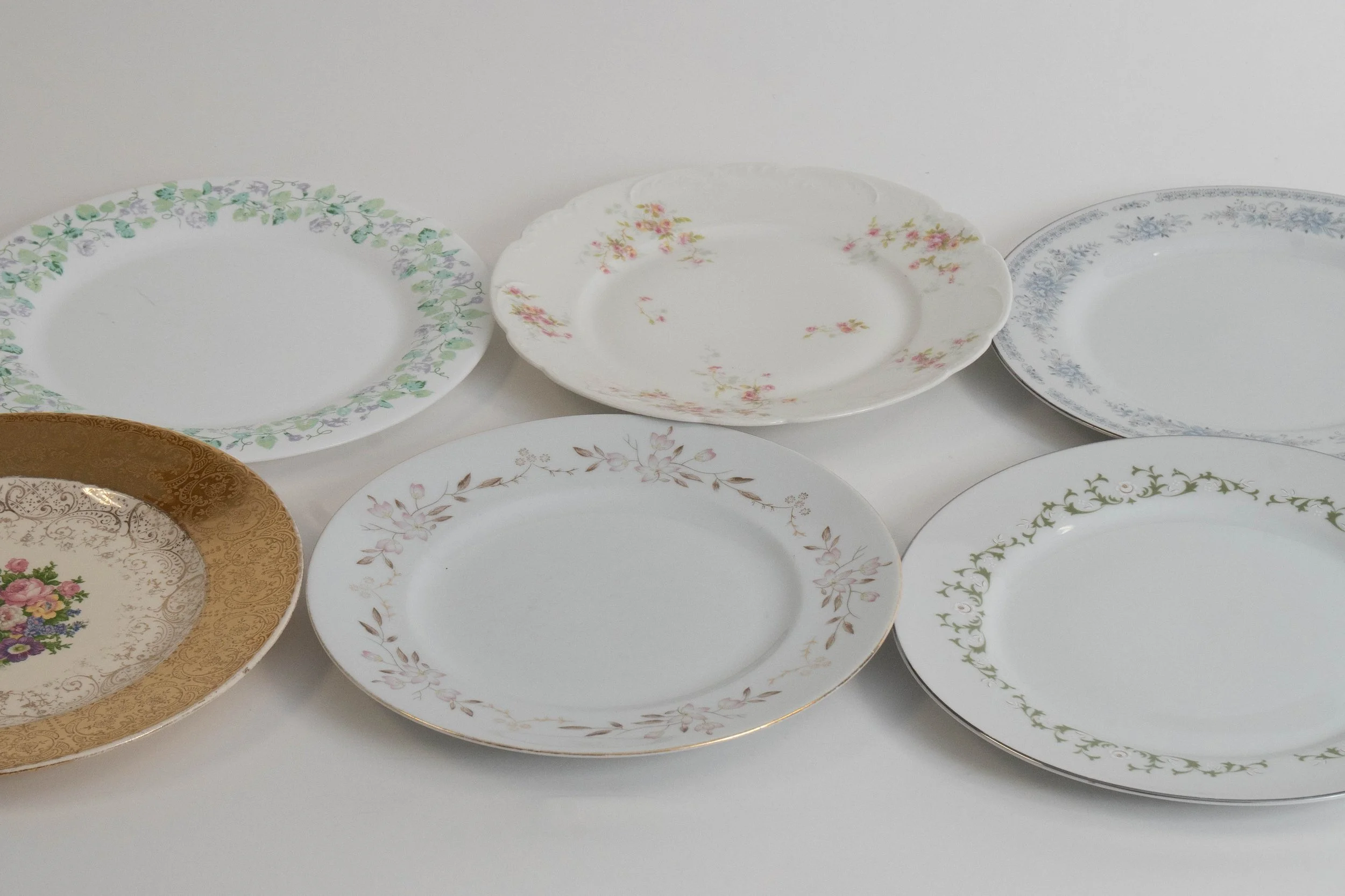 Mixed Vintage China Dinner Plates, $5 each, 88 total