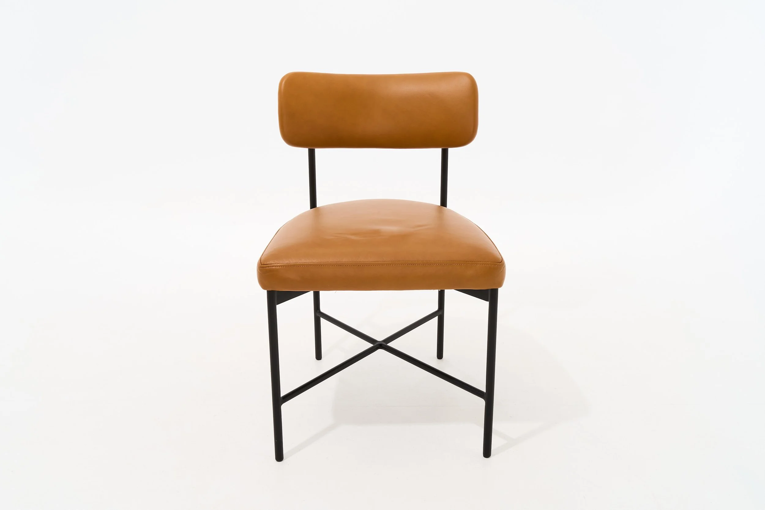 MODERN COGNAC LEATHER & METAL CHAIR, $85, H32" X W20" X D20", #04208, SINGLE