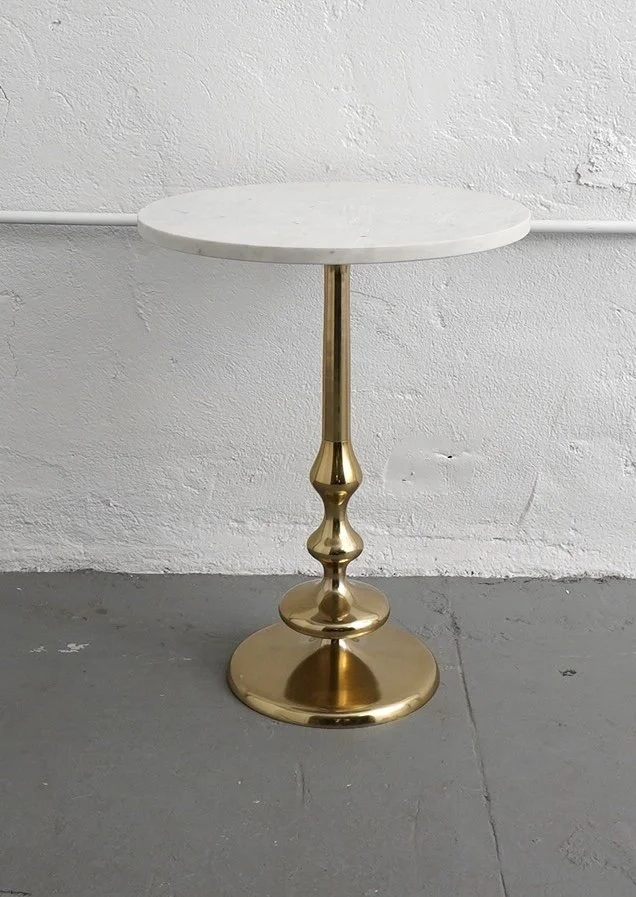 Marble & Brass Spindle Table, $65, H23.5" x W18" x D18", 2 Total