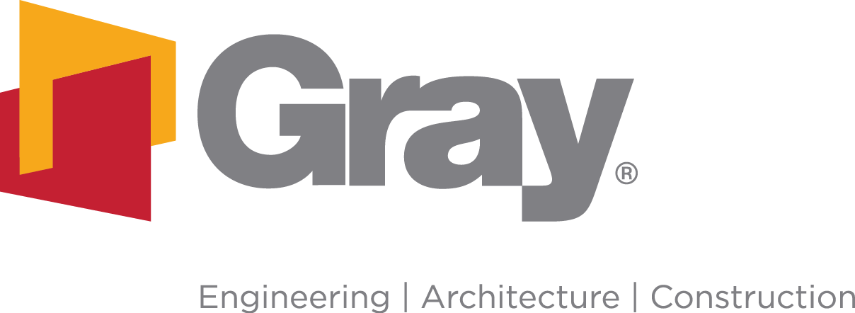 Logo of Gray, a company specializing in engineering, architecture, and construction, featuring a stylized red and yellow geometric shape.