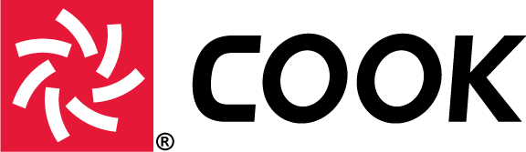 The logo of COOK with a red background and white symbols in the shape of a circle.