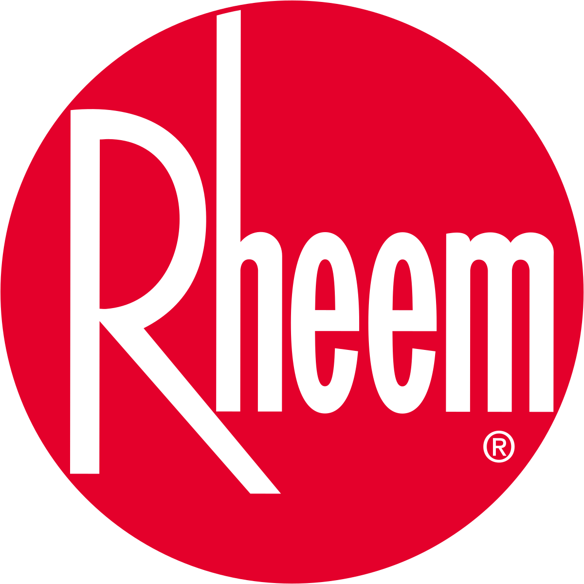 Red circle with the word Rheem in white font.
