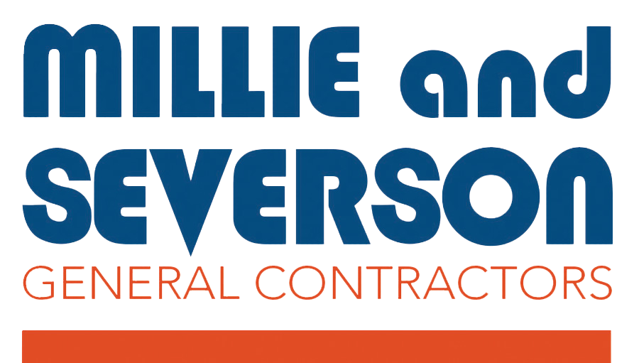 Logo for Millie and Severson General Contractors with bold blue text and red accent underneath.