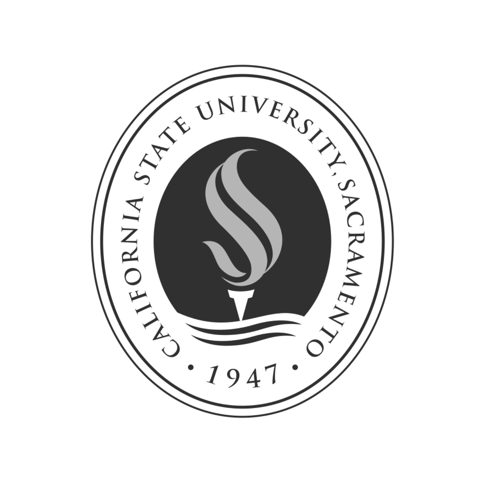 Seal of California State University, Sacramento, established in 1947, featuring a stylized flame with wavy lines below it.