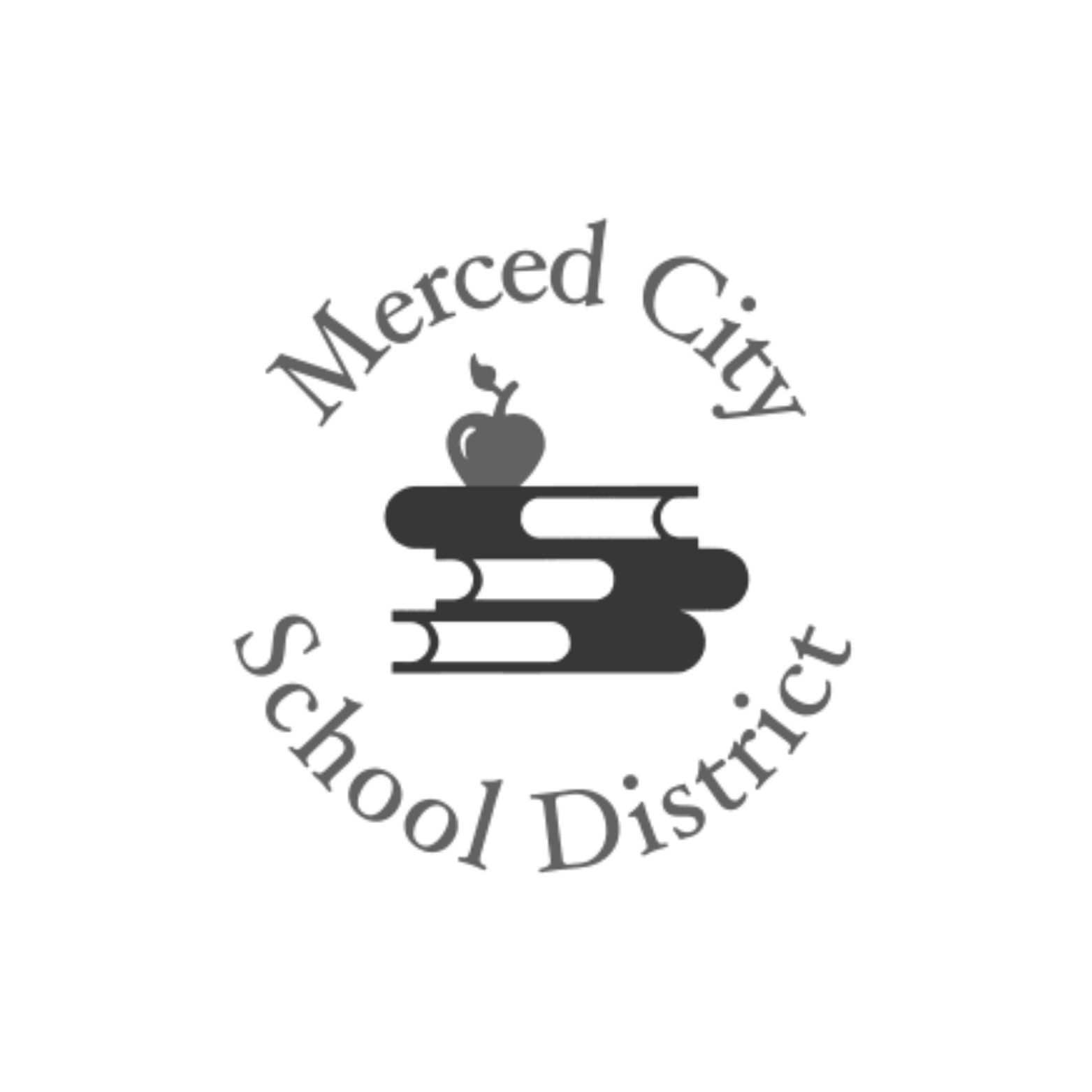 A black and white circular logo with the words 'Merced City School District' and an image of school books with an apple resting on top, inside the circle.