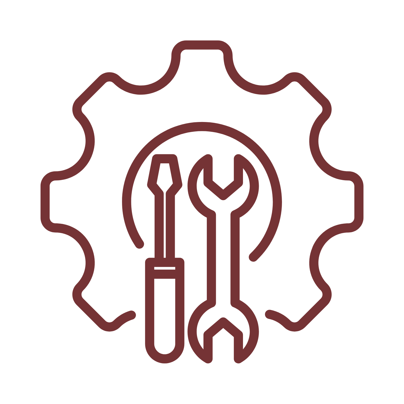 Icon of a wrench and screwdriver inside a gear, representing maintenance or repair work.