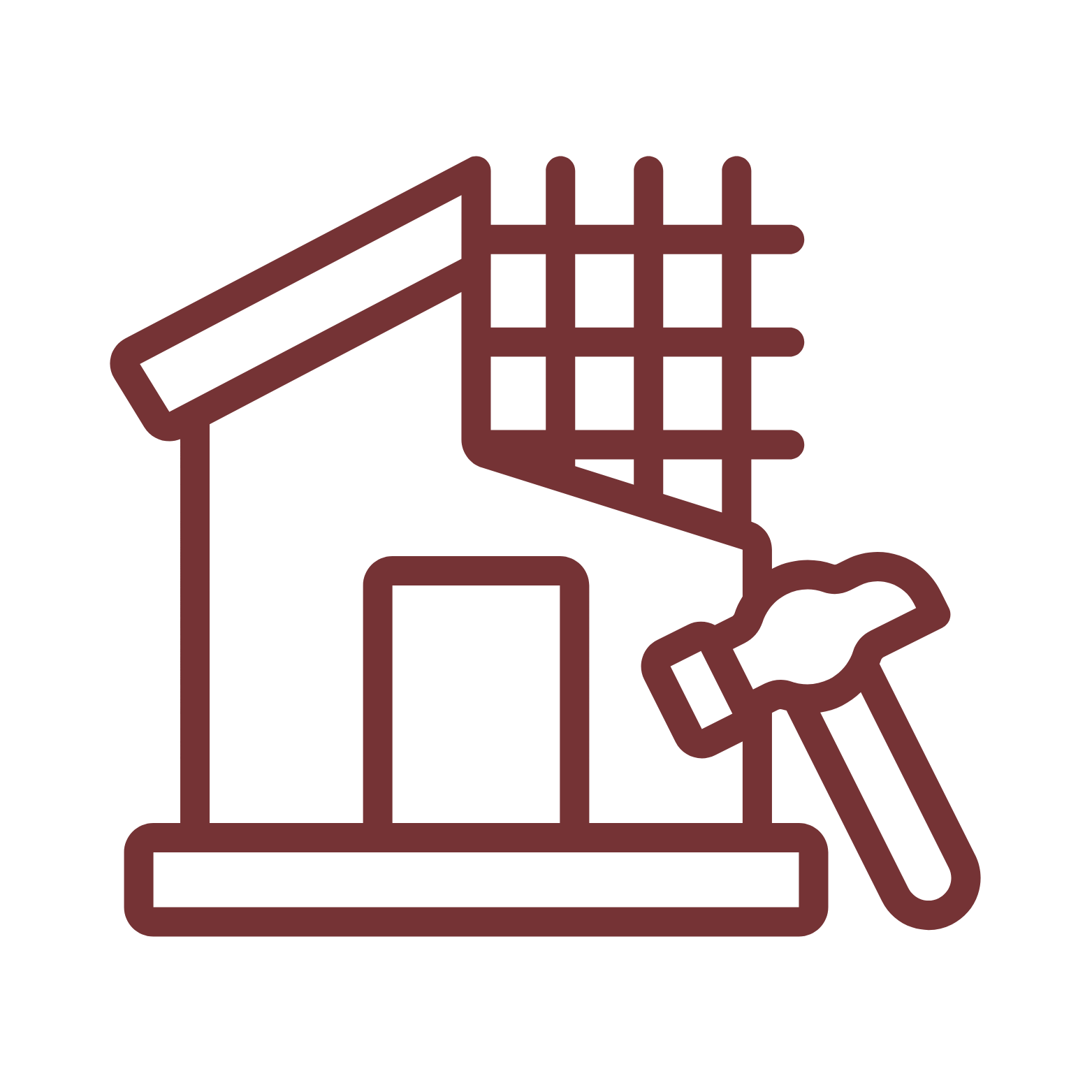 Outline icon of a house under construction with a hammer and a scaffolding.