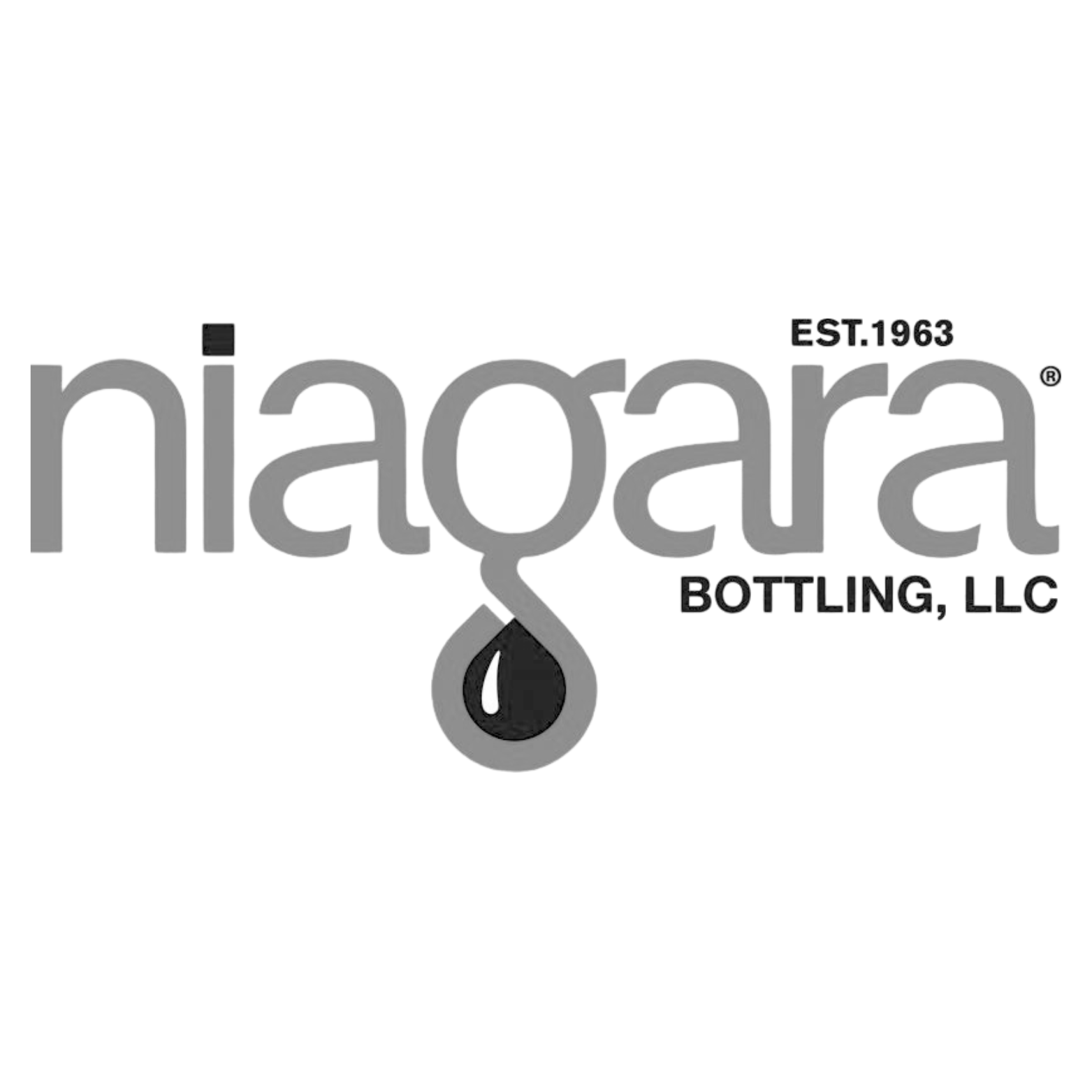 Black and white logo for Niagara Bottling, LLC featuring the company name with a droplet design below the 'g'.
