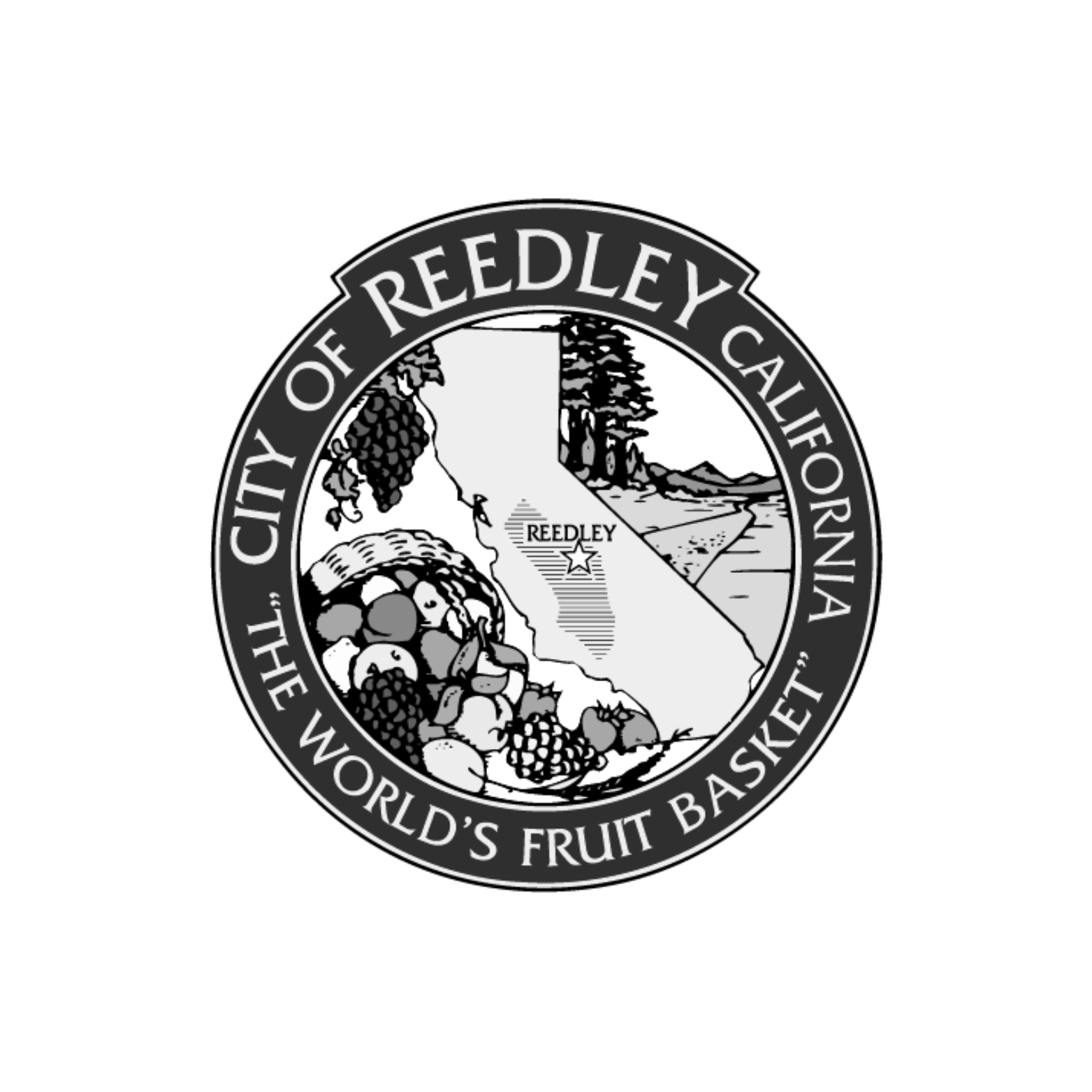 Seal of the City of Reedley, California, featuring the shape of California, the city name, and depiction of fruit, grapes, and various landscape elements in black and white.