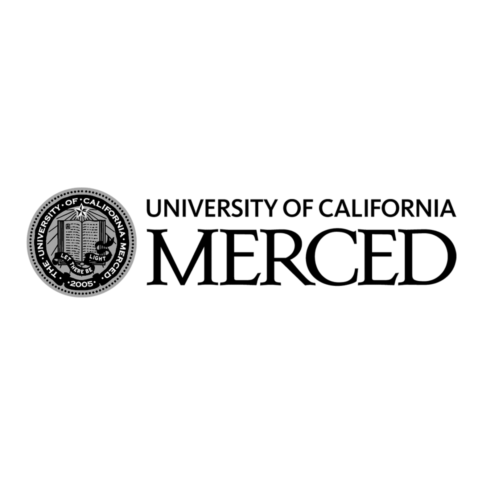 Seal of the University of California, Merced in black and white with a book, light and star, and the motto "Let there be light".