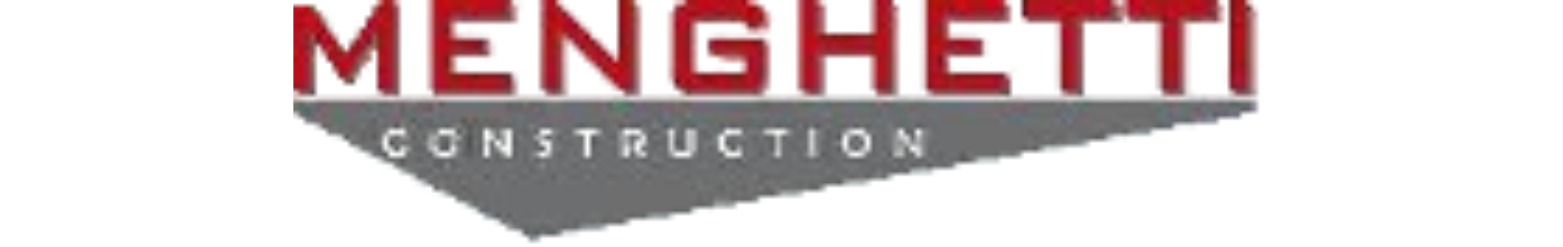 Logo of Menghetti in red letters with 'Construction' underneath in white letters on a gray background.