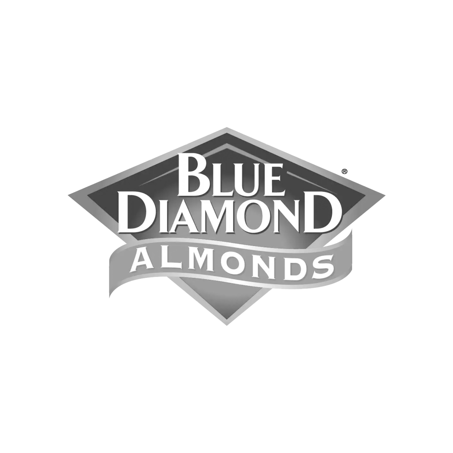 Black and white logo for Blue Diamond Almonds featuring a diamond shape with the brand name inside and a banner below reading 'Almonds'.
