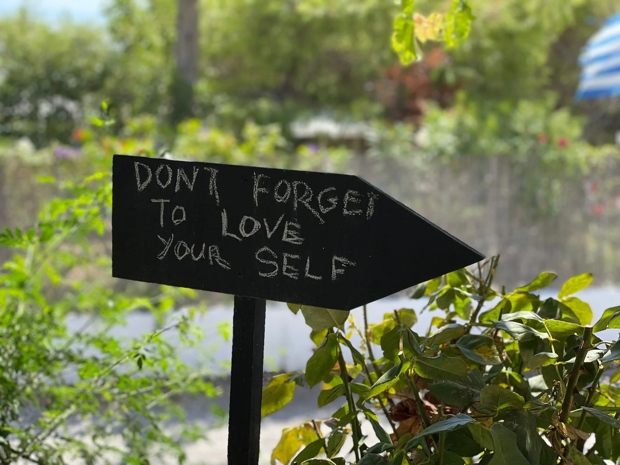 Schwarzes Schild mit weißen Schriftzügen, das sagt "DON'T FORGET TO LOVE YOURSELF", vor einer grünen, bewaldeten Umgebung mit Wasser im Hintergrund