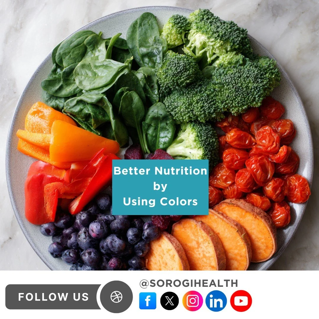 Getting started with nutritious choices is as easy as adding color to your plate.

Here are some colors along with examples of foods and their health benefits:

Green: spinach, broccoli &ndash; supports blood sugar balance
Purple: berries &ndash; ric