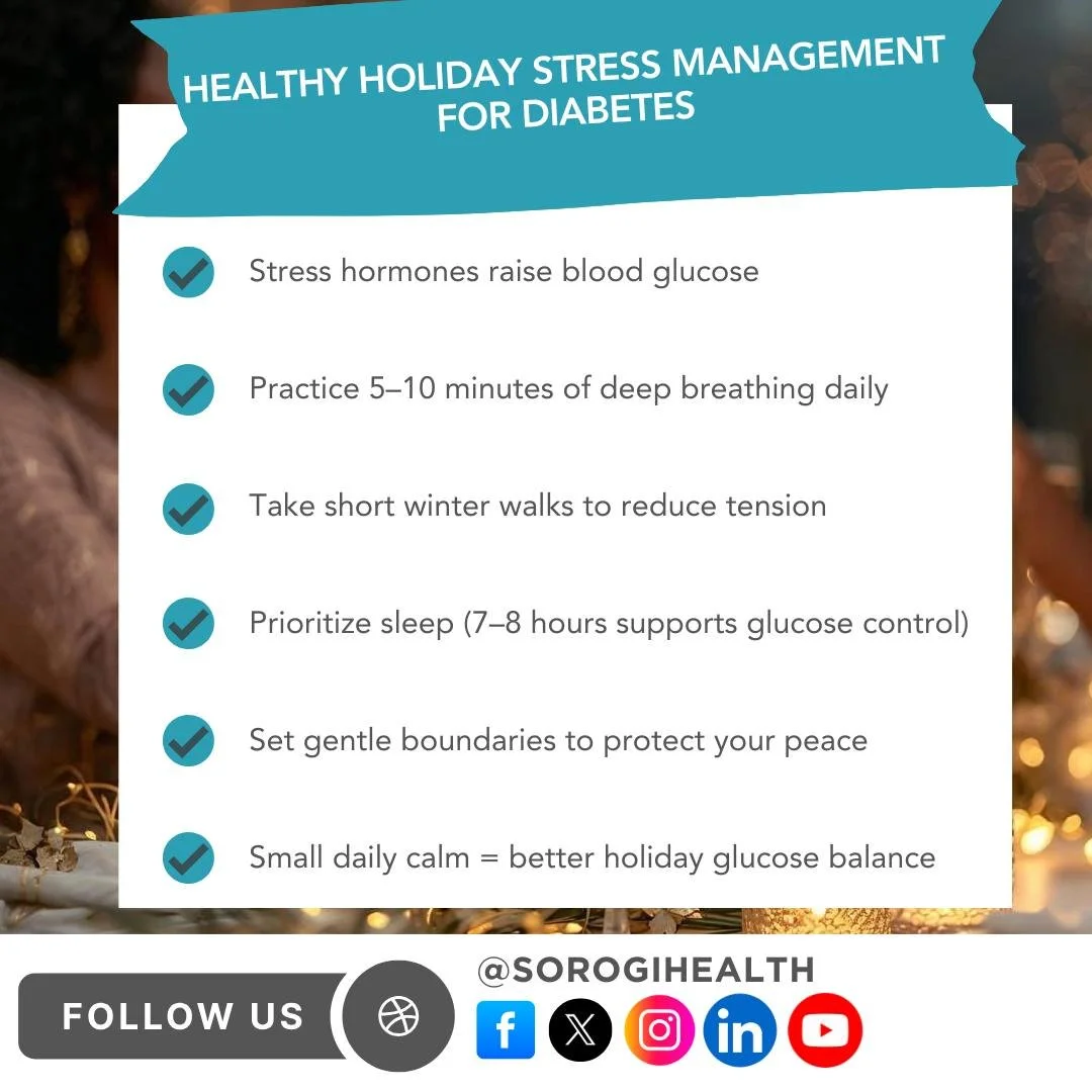 It's the holiday season.

For those living with Diabetes, this can bring a unique set of challenges.

So, here are a few bits of information and tips to help.

At Sorogi, we believe knowledge is the best tool in your fight against chronic diseases. 
