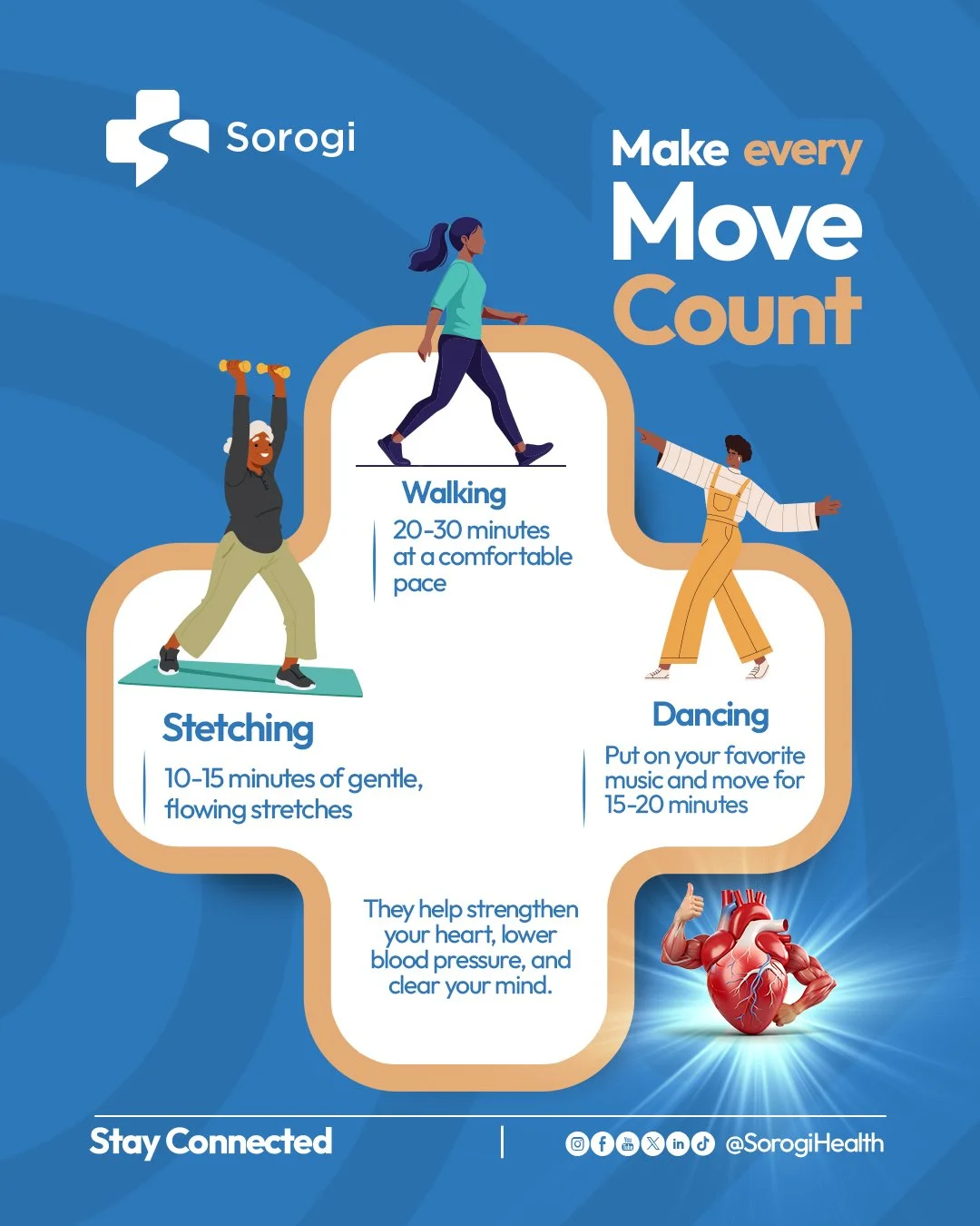 Your heart gets stronger with movement, 20 minutes a day of anything that brings you joy can lower blood pressure and protect your cardiovascular health.

As you navigate your 40s, 50s, and 60s, intentional movement becomes one of your most powerful 