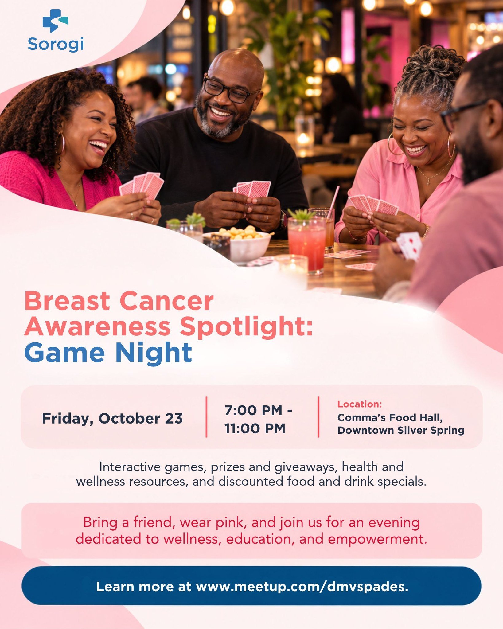Breast Cancer Awareness Spotlight: Game Night

Wear pink, bring a friend, and join us for an evening of games, wellness, education, prizes, and community on October 23

#BreastCancerAwareness #Sorogi #CommunityWellness #WearPink