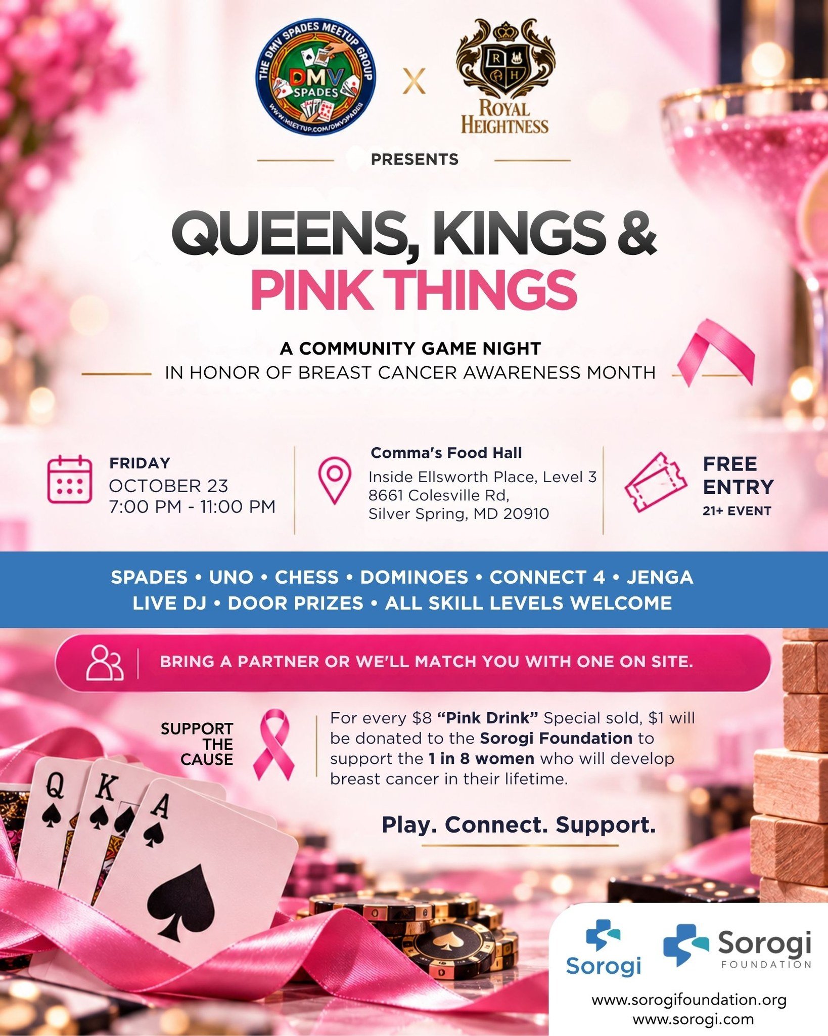 🎲♟️&spades;️ Join us for a free MultiGroup Game Night in Downtown Silver Spring on Friday, October 23 @ 7.00 PM. Wear your favorite pink outfit for Breast Cancer Awareness Month. 

Expect drink specials, door prizes, and other surprises. Any money r