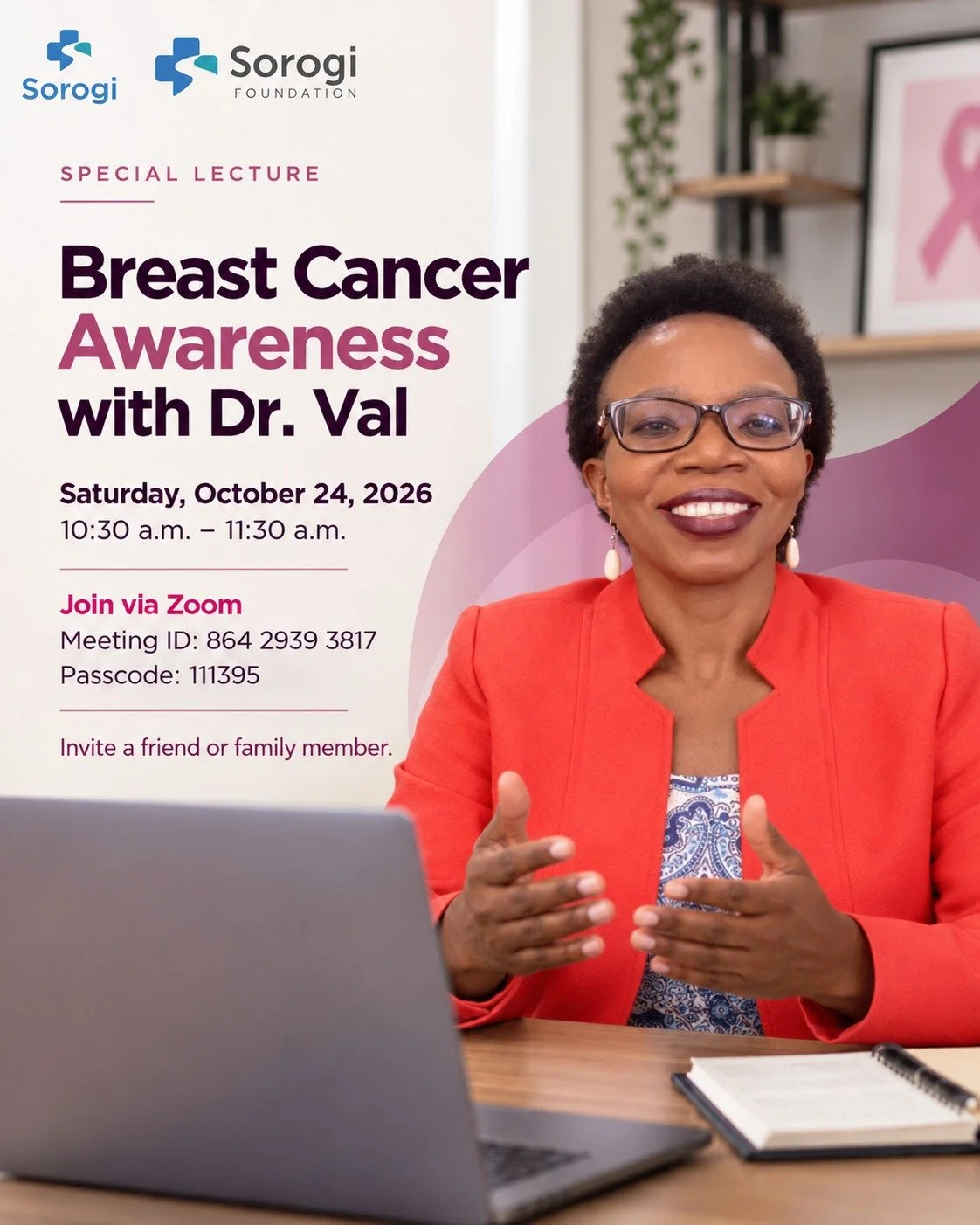 Join us for a special Breast Cancer Awareness session with Dr. Val, focused on education, awareness, and practical steps to support breast health.

This virtual session is open to the community, so please feel free to invite a friend or family member