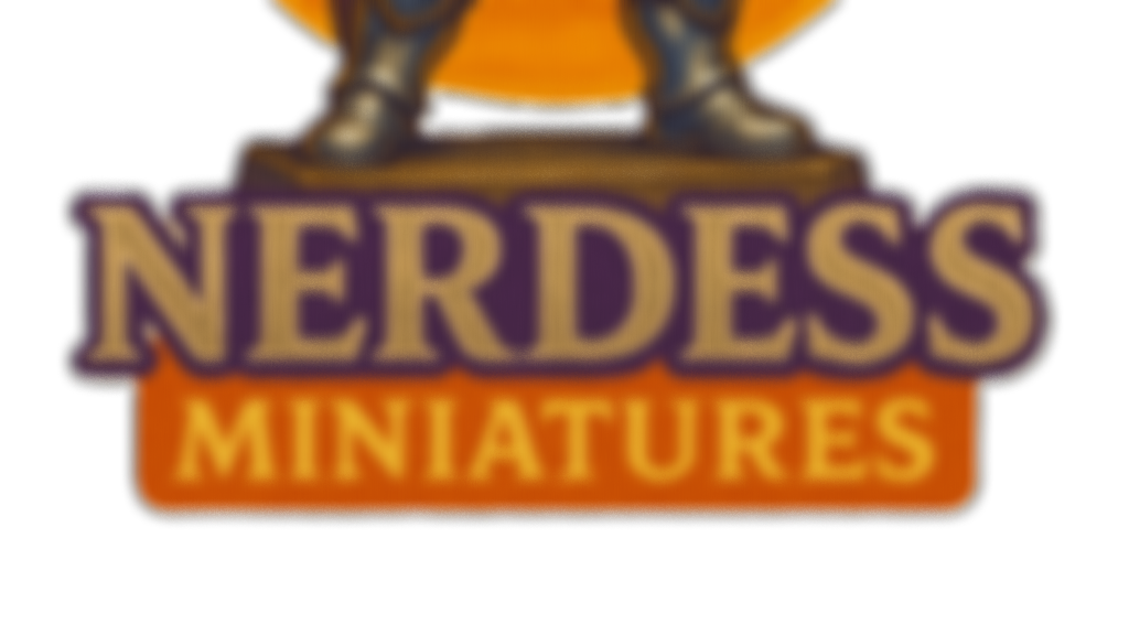 Logo for Nerdess Miniatures featuring a stylized figure on top, with the words 'Nerdess Miniatures' in purple and orange.