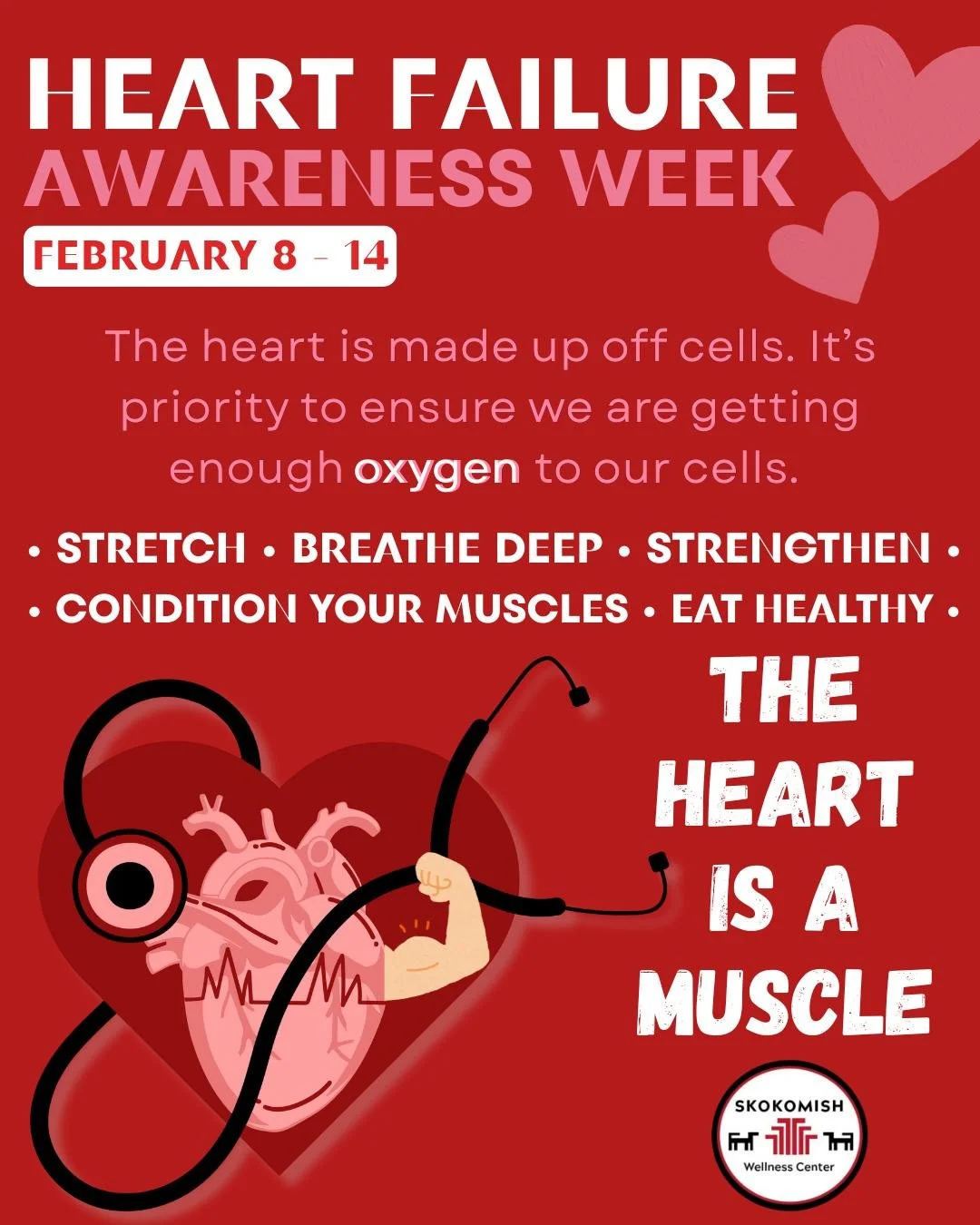❤️ Heart Failure Awareness Week | Feb 8&ndash;14 ❤️
Your heart is a muscle and it works hard for you every single day.
Keeping it strong means making small, intentional choices that support oxygen flow and overall heart health.
✨ Stretch ✨ Breathe de