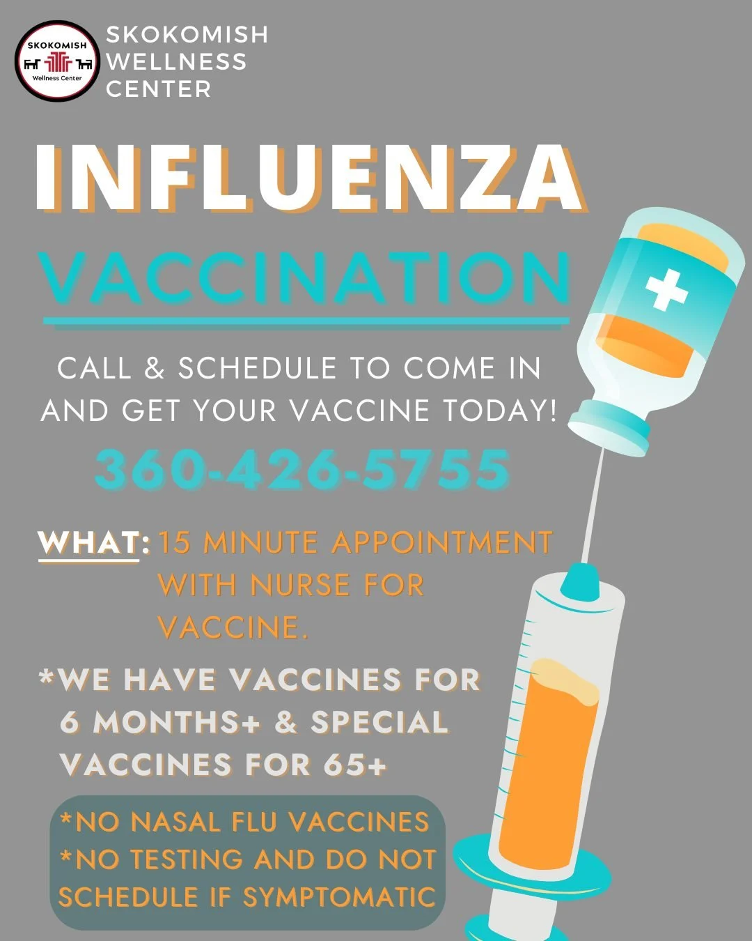 🩺💉 Flu Season Is Here. Protect Yourself &amp; Your Community! 💙
The Skokomish Wellness Center is offering influenza vaccinations; quick, easy, and effective. Getting your flu shot helps keep you, your family, and our community healthy this season.